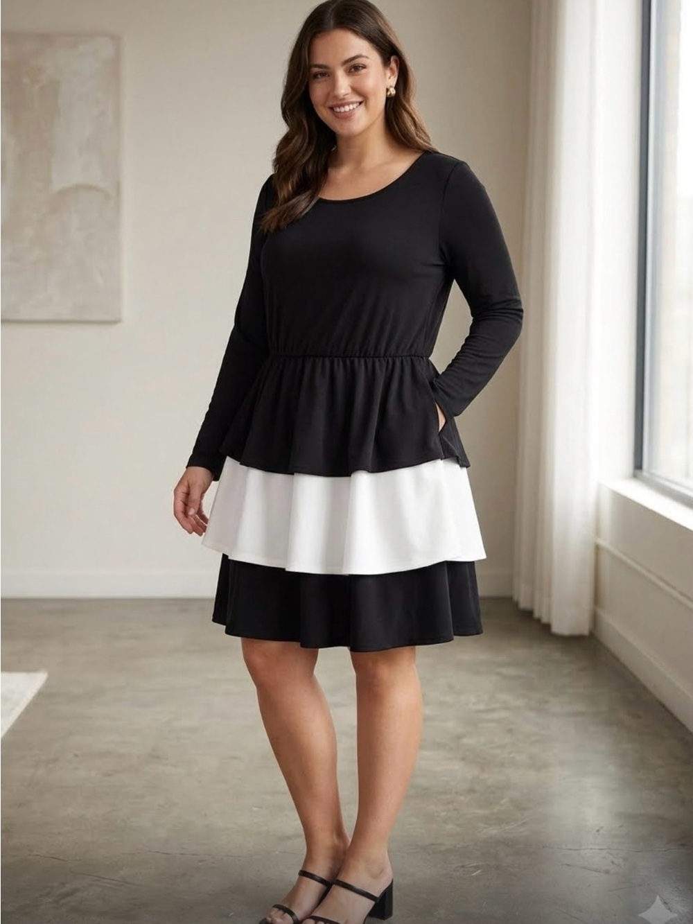 Trixxi Black and White Layered Peplum Tunic
